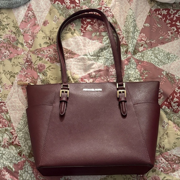 Michael Kors Handbags - Michael Kors Burgundy Saffiano Leather Tote with Gold Hardware